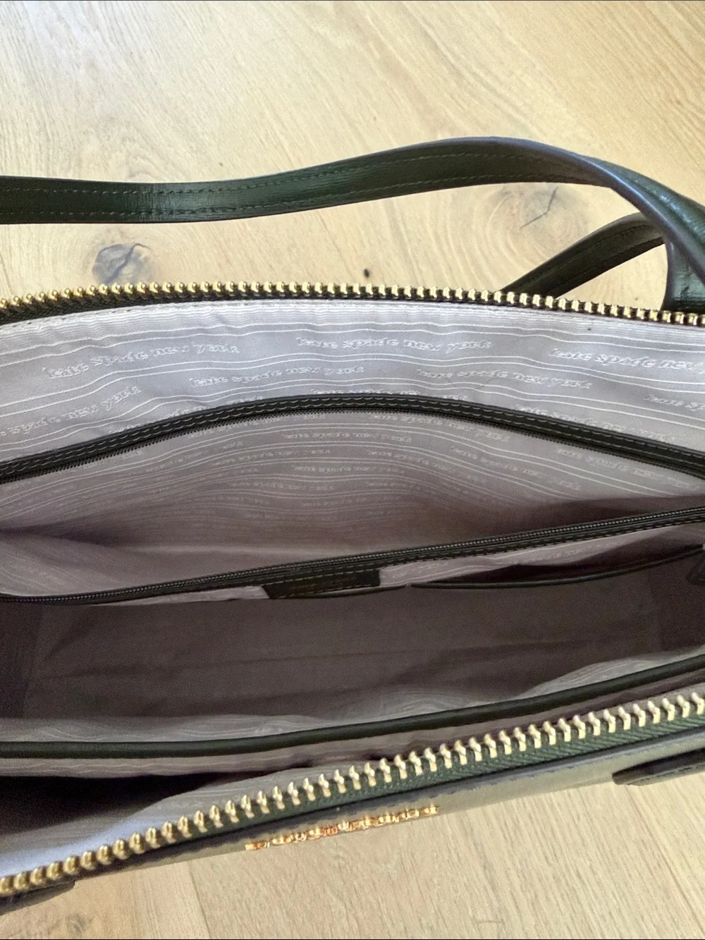 kate spade olive green Saffiano leather tote with gold logo